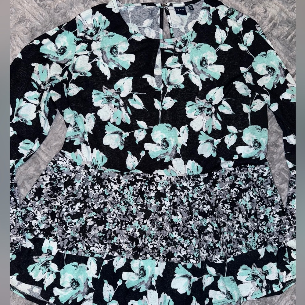 Kaari Blue Ruffle Top Ruffle Sleeves XL Teal Floral